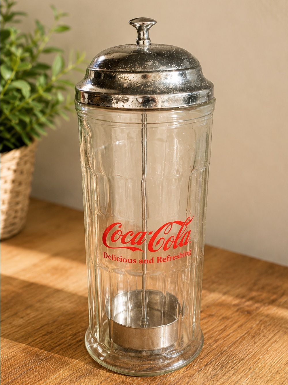 Vintage Coca-Cola Glass Syrup Dispenser Pump Jar Chrome Lid Diner 1992